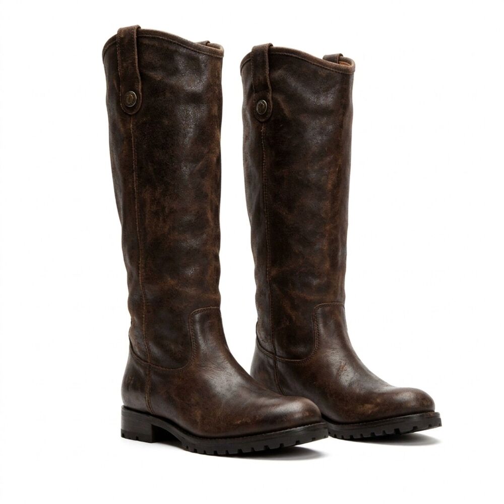 Frye Melissa Button Lug Tall Riding Boots Brown Leather Women's Size 10M